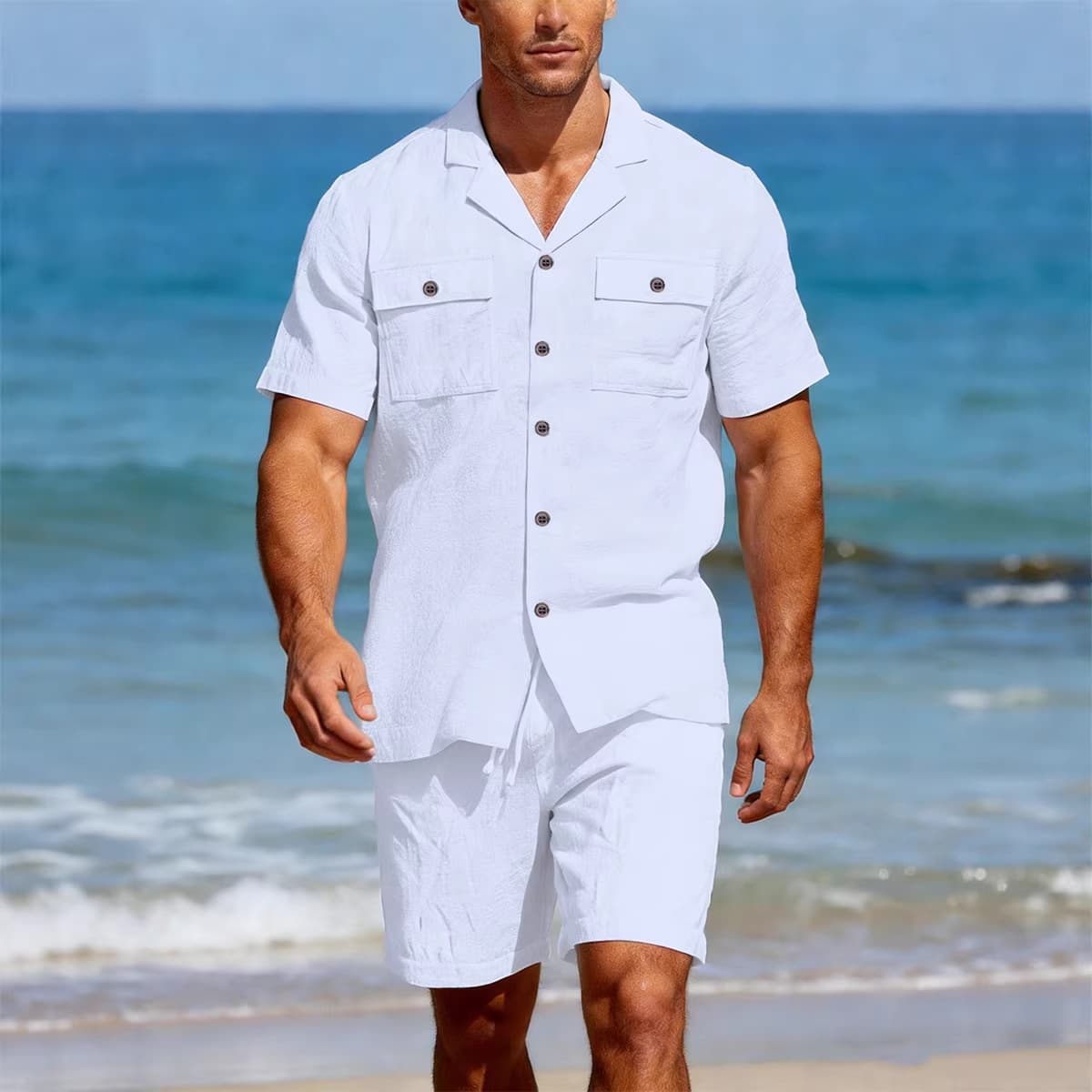 Linen long-sleeved casual tops, linen shorts, casual fashion suits
