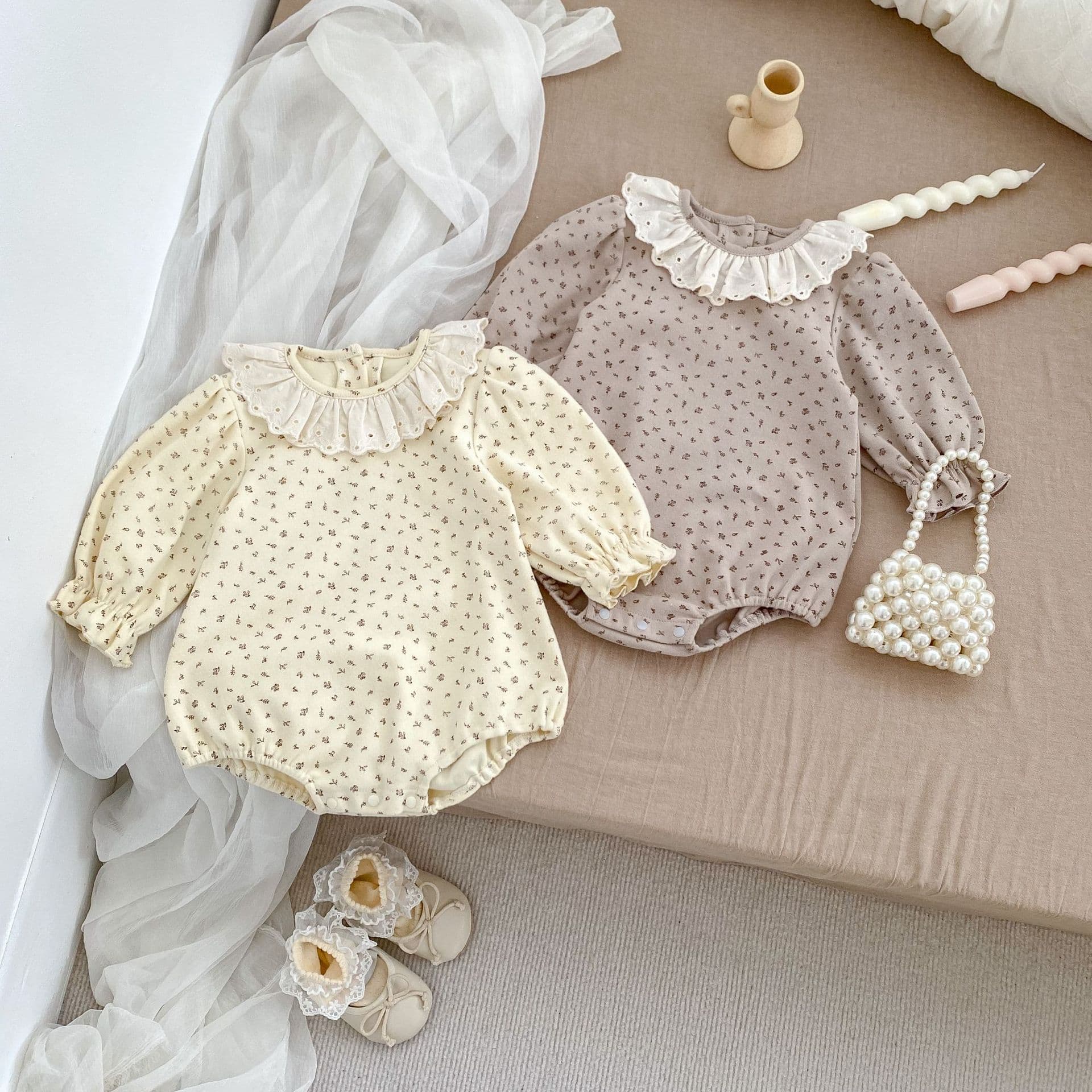 Fashionable Baby Autumn Infant Long-Sleeve Ruffled Collar Diaper Cover Romper, Pure Cotton Baby Girl Floral Print Base Onesie