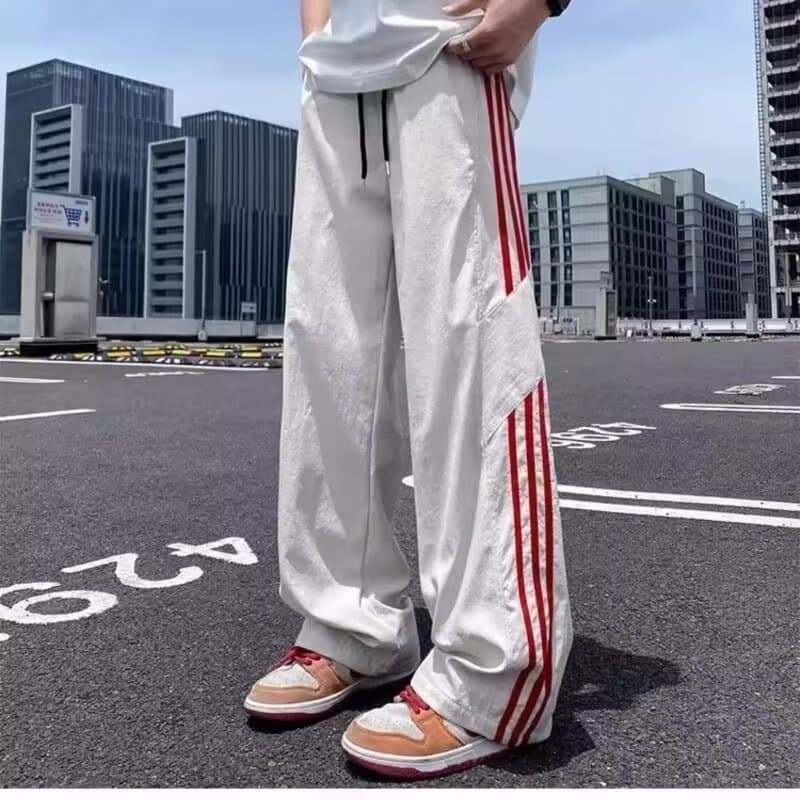 American Retro Sport Style Three-Stripe Panel Casual Pants for Teens Summer Straight Loose Wide Leg Pants