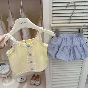 Girls Set Summer 2026 New Fashionable Baby Girl Top Lace Camisole Polka Dot Bud Korean Shorts Trendy