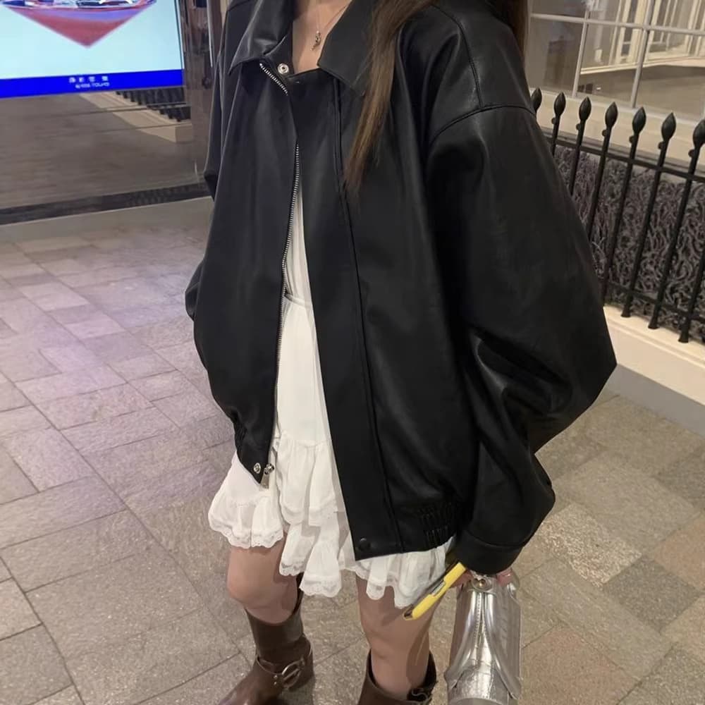 Casual Loose Black Leather Jacket Women's Outerwear Fashionable Autumn Winter Coat Stylish Small Size Polo Collar Long Sleeve