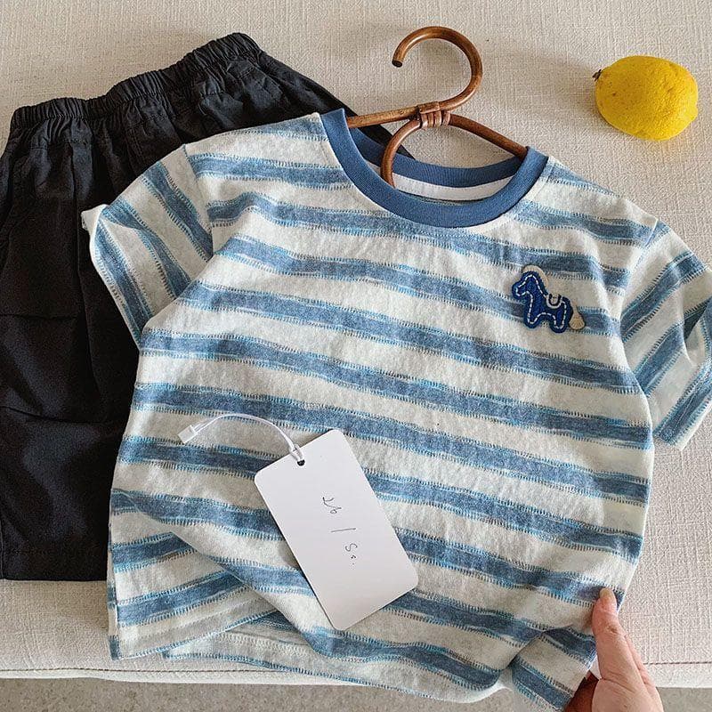 New Kids Striped Short Sleeve T-Shirt Boys Summer New Baby Horse Embroidery Top Baby T-Shirt Girls Thin