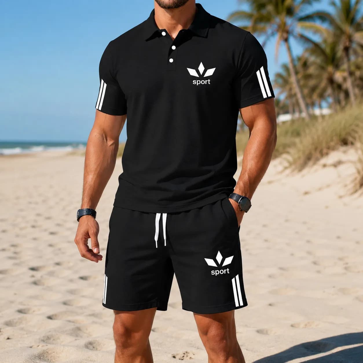 Cross-Border Casual Vacation Two-Piece Set Men's Short-Sleeve Polo and Shorts Set 3D Printed Direct Factory Store