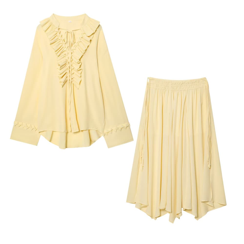 European and American Fashion Women's New Style Elegant Versatile V-Neck Tie Long-Sleeve Shirt Top Loose Skirt Set
