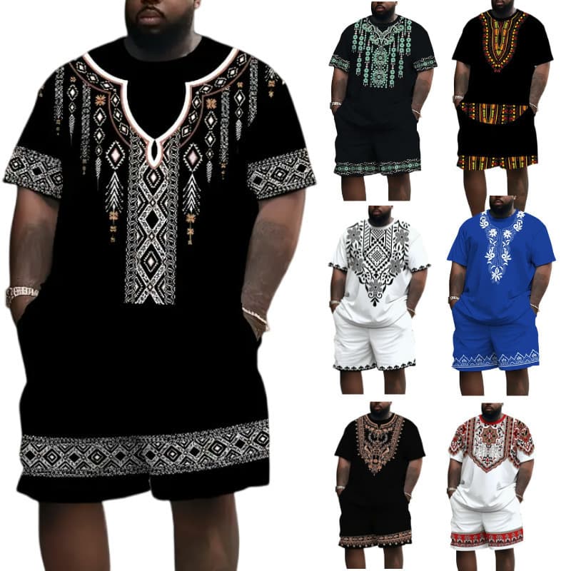 Temu cross-border European and American T-shirt shorts suit 3D digital printing retro ethnic style loose casual beach suit