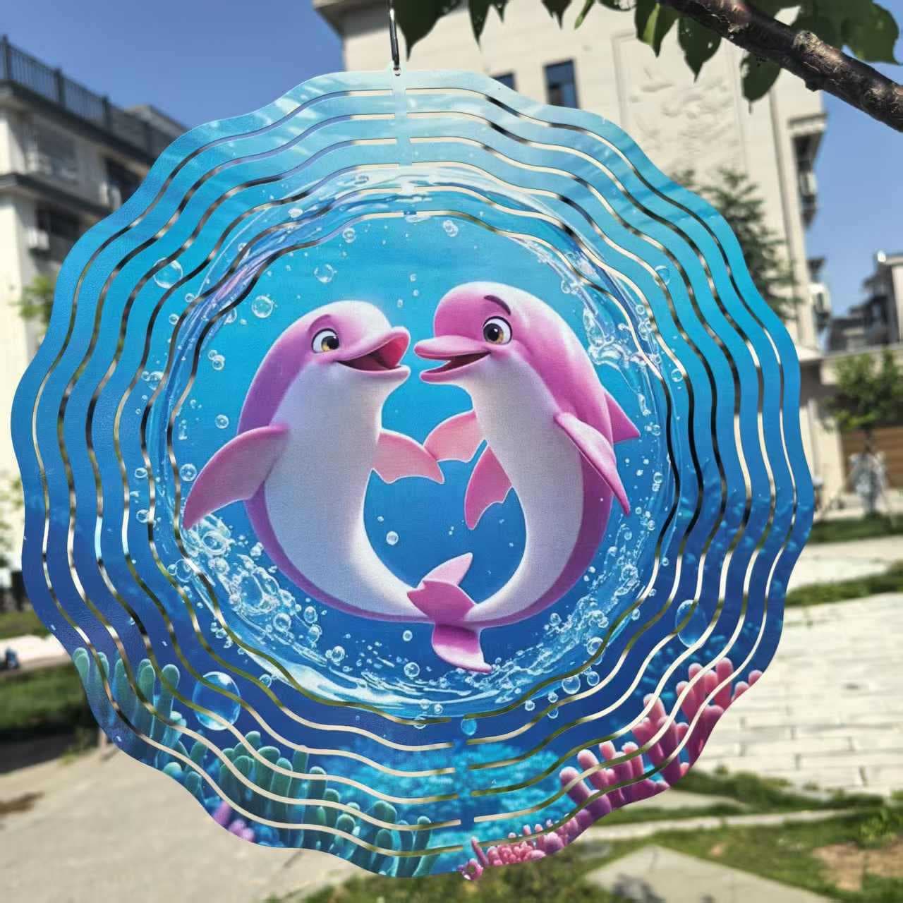 New Dolphin Stainless Steel 3D Hanging Wind Chime Spinner 12 Inch Gift Yard Art Dolphin Decoration