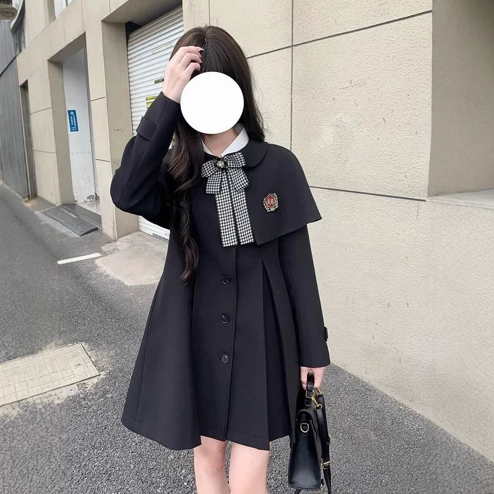 2026 Autumn/Winter New Arrival Campus Style Petite JK Uniform Mid-Length Waist-Slimming Cape Trench Coat for Women