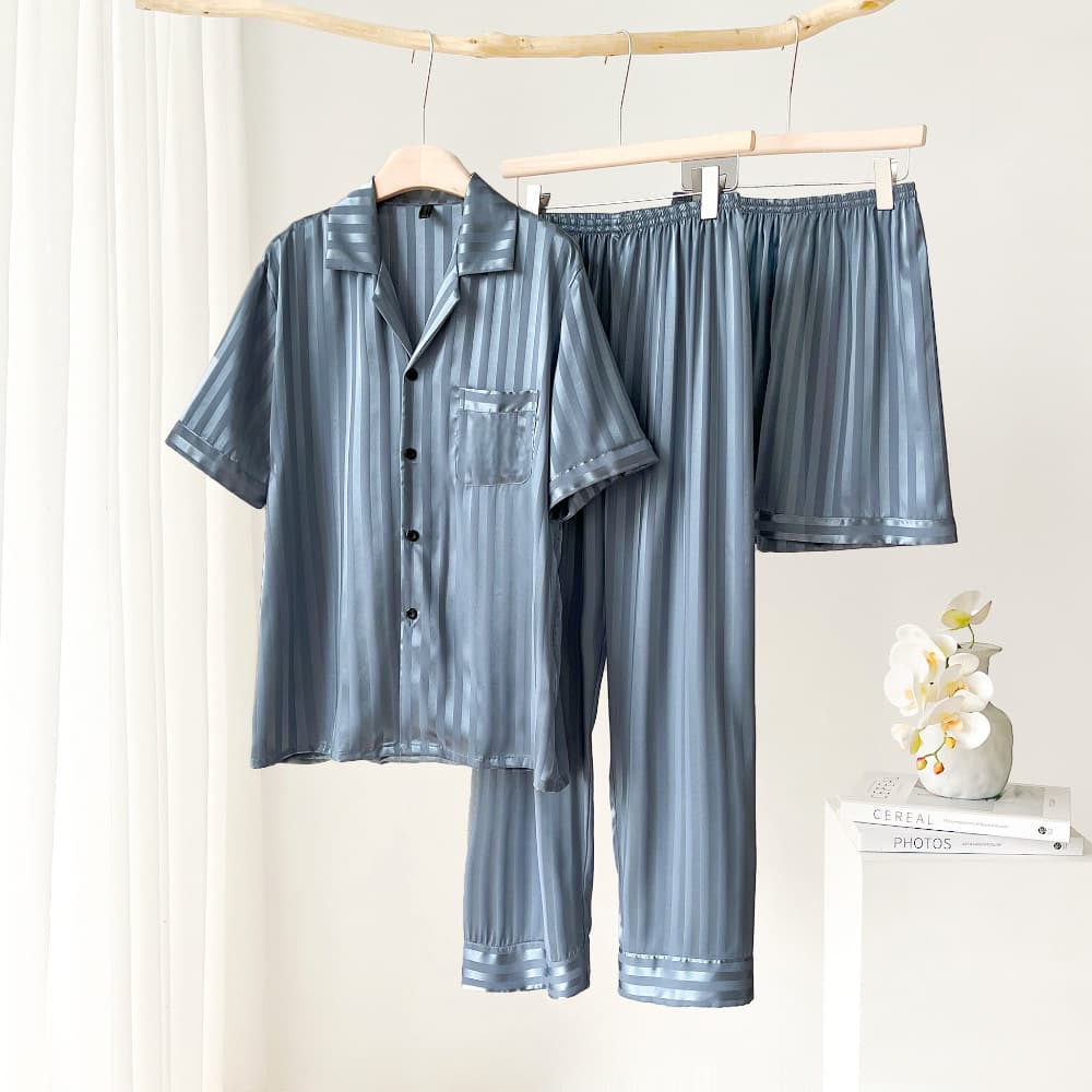 Men's Summer Ice Silk Short-Sleeved Three-Piece Homewear Set - Thin Summer Silk Suit 2024 New Arrival