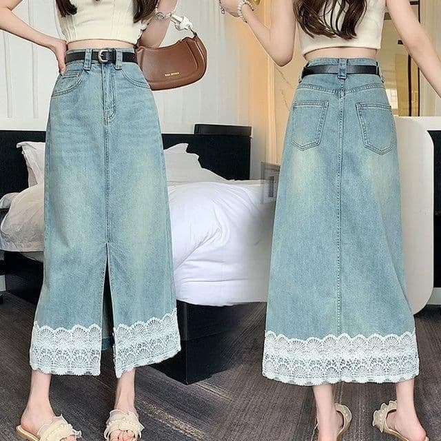 Lace Patch Split Denim Skirt 2026 Spring Summer New High Waist Mid-Length Denim Skirt
