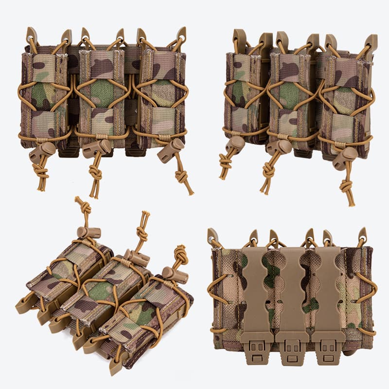 Tiger Short 9mm Triple Quick-Draw Magazine Pouch with Knife Slot, Molle Mount Tactical Belt Vest Flashlight Holder