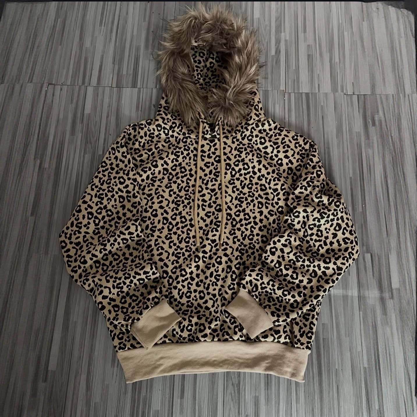 2025 New Loose Casual Versatile Top American Retro Brown Leopard Print Hooded Jacket for Women Autumn Winter