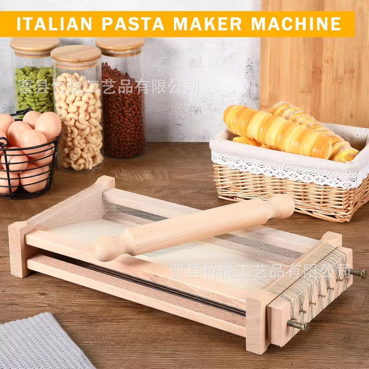 Wooden Household Manual Pasta Maker Kitchen Pasta Making Tool Adjustable with Rolling Pin