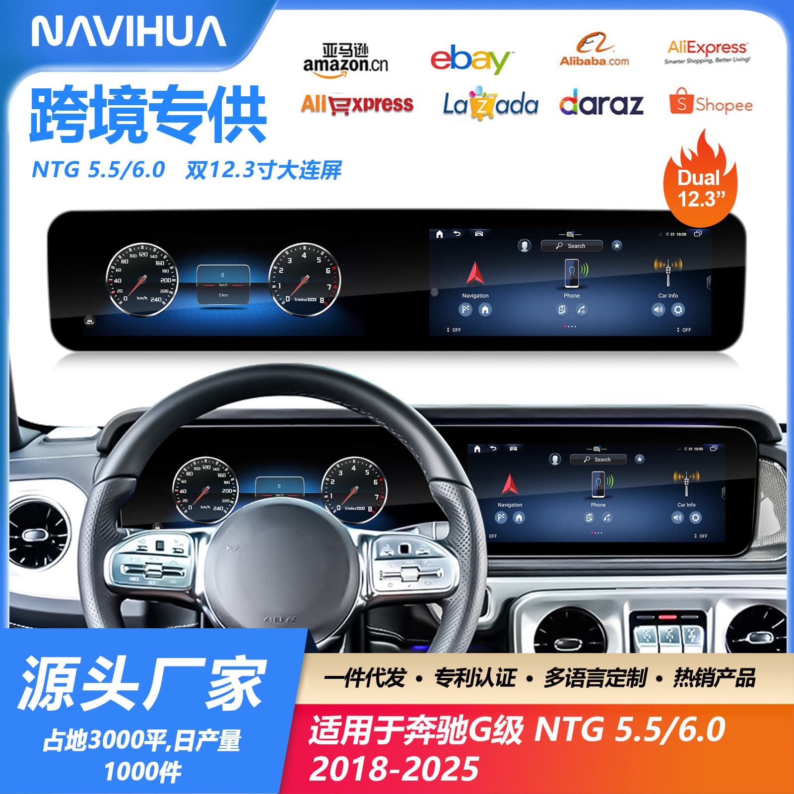 For Mercedes-Benz G-Class 12.3-inch Dual Screen 18-25 Model Old to New Center Console Car Navigation Dual Screen