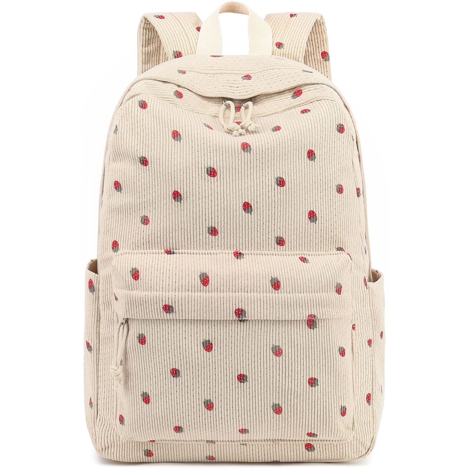 Corduroy Backpack Fresh Sweet Style Elementary School Girls Bookbag Strawberry Print Waterproof Computer Bag with Arc Shoulder Straps