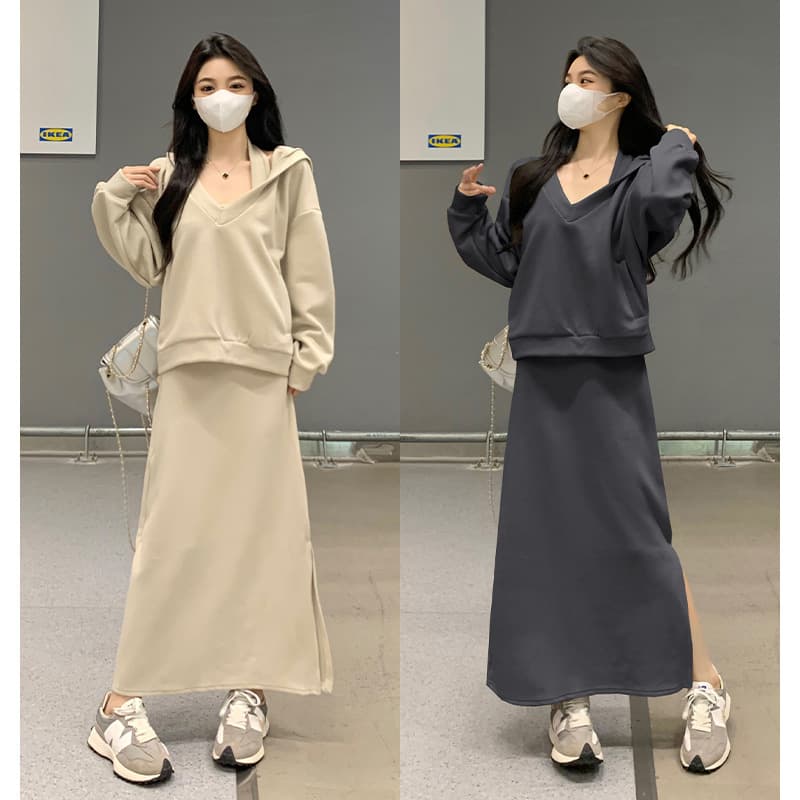 2025 Spring/Autumn New Korean Loose Hoodie Set Women Sexy Knit Halter Dress Two-Piece Set Trendy