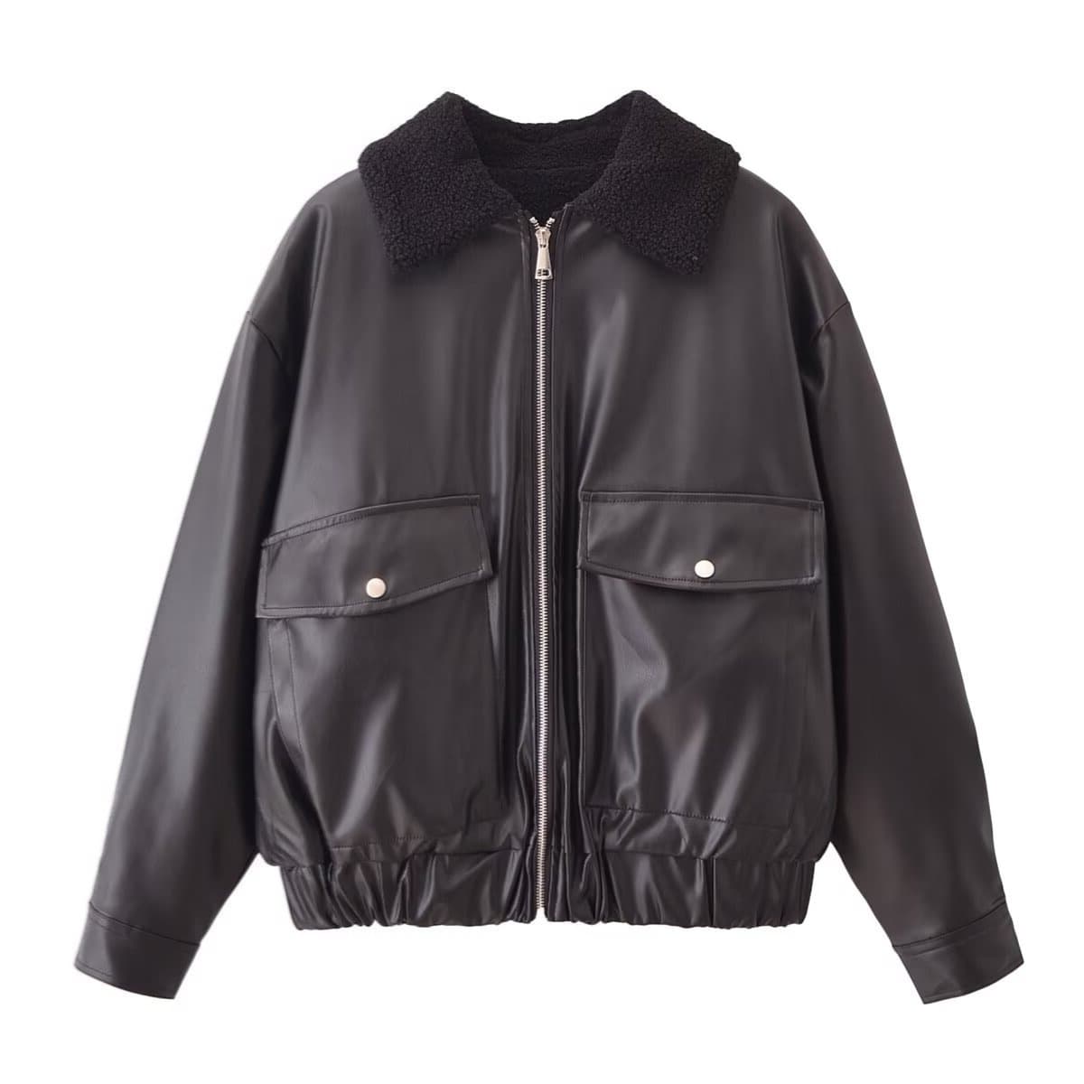 Loose Faux Leather Jacket Commuter Style Women's Autumn Winter Outerwear Taop&Za 3046519 Casual Korean Style Zipper Closure