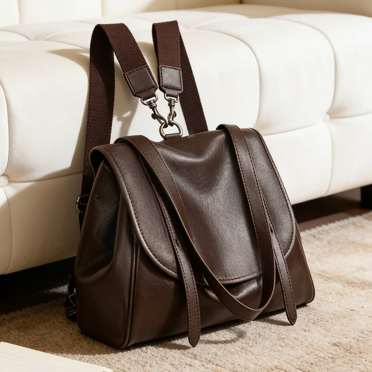 Genuine Leather Large Capacity Vintage Backpack Soft Leather Fashion Backpack Preppy Style Travel Shoulder Crossbody Bag