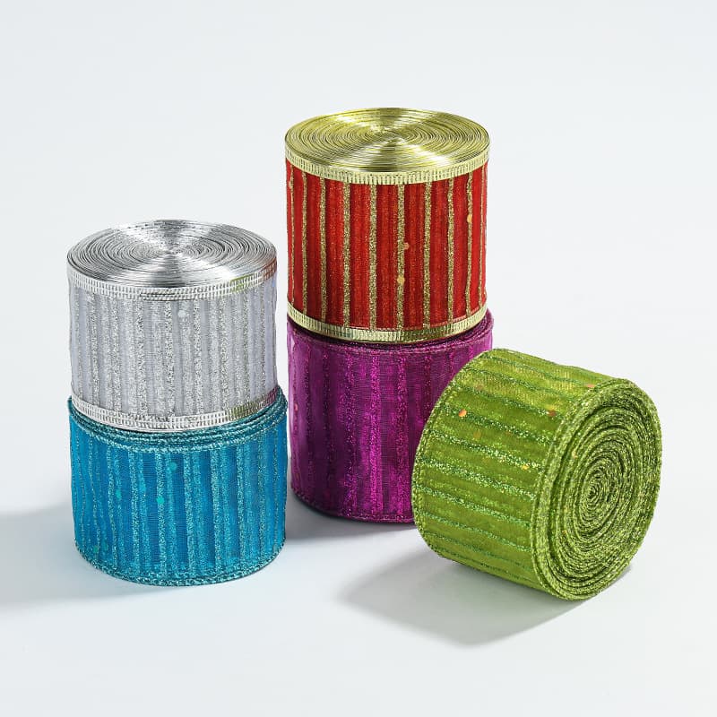 Gangheng Christmas 200cm gauze base printed single gold powder plus glitter Christmas colored woven ribbon Christmas tree decoration ribbon