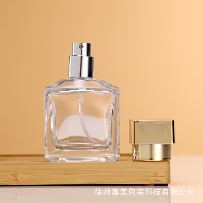 Wholesale Stock 50ml Perfume Bottle Square Transparent Glass Empty Bottle 15mm Crimp Portable Press Perfume Bottle