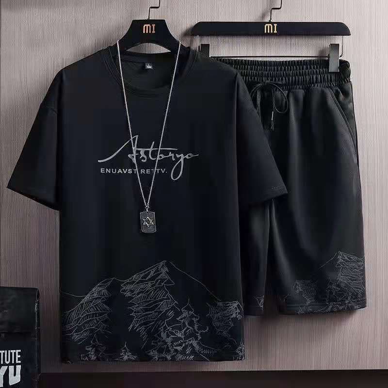 Summer Thin Ice Silk Short Sleeve and Shorts Set Trendy Men's Sportswear Casual Outfit
