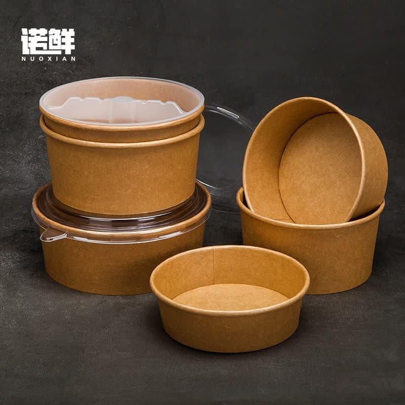 Disposable kraft paper lunch boxes, salad bowls, round takeout containers with lids, heat-resistant soup bowls, thickened and biodegradable.