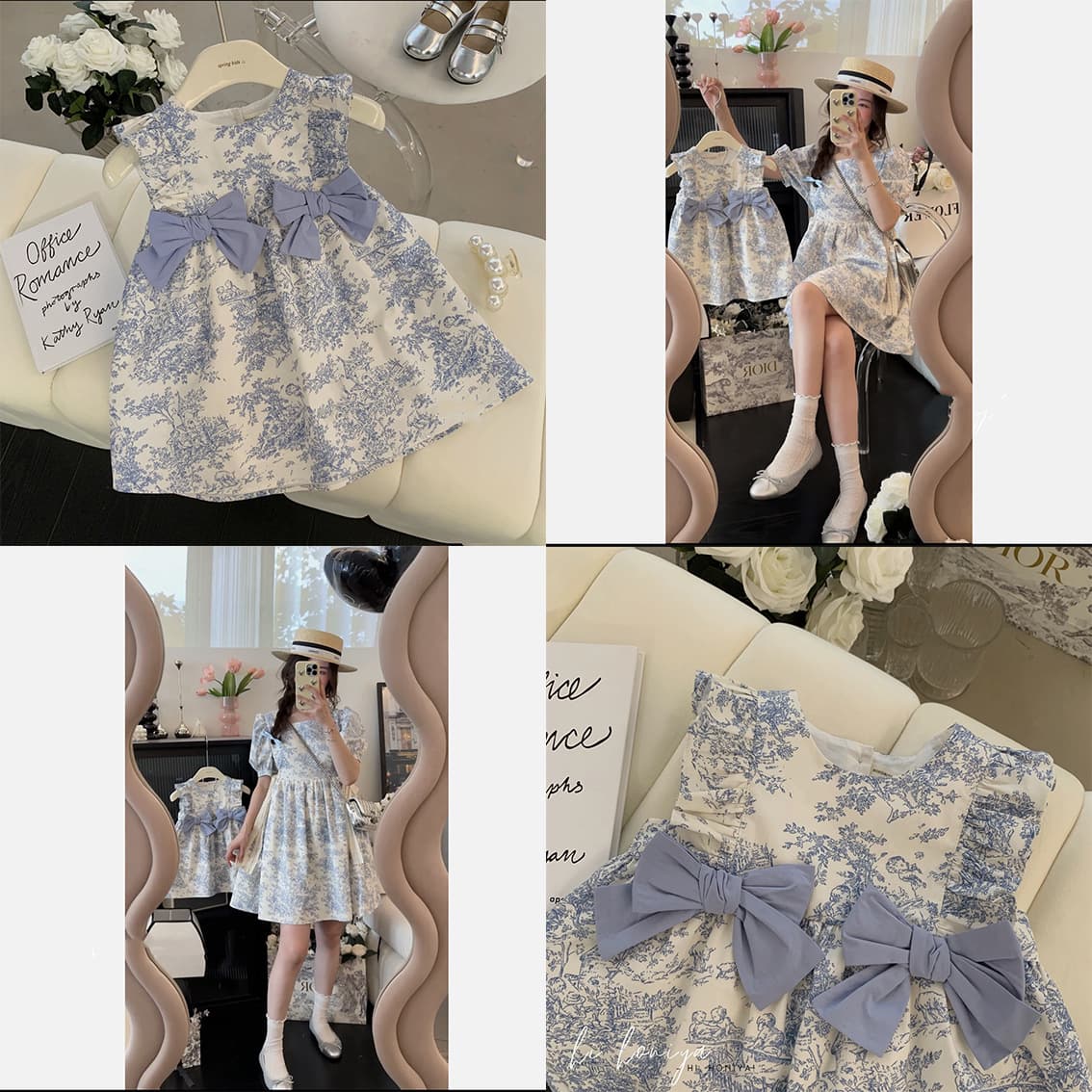 Girls' and Mother-Daughter Matching Summer 2023 Dress Set, Slimming Fashionable Blue-and-White Porcelain Print Dress for Toddlers and Kids
