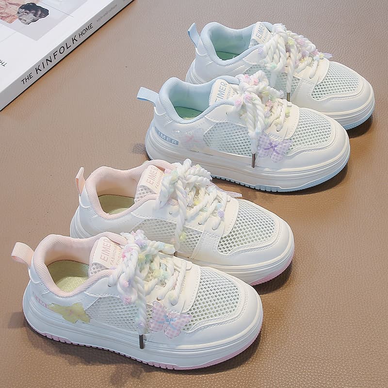 Girls' White Shoes Children's Butterfly Bow Mesh Breathable Sneakers 2026 New Style Lightweight Casual Sports Shoes for Older Kids