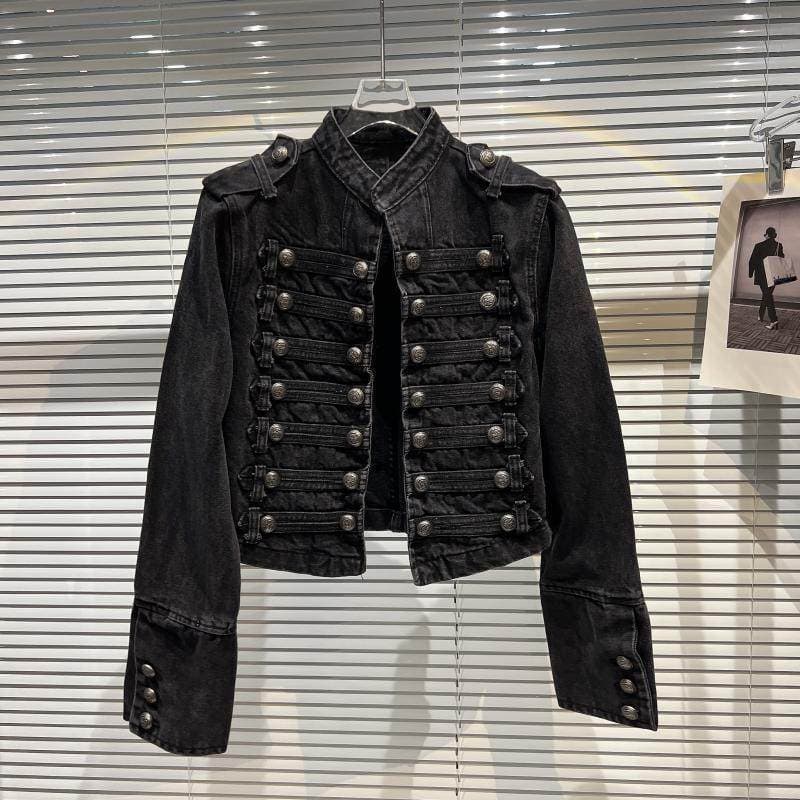 2026 spring and autumn new style palace style classical metal rib buckle design shoulder strap washed denim top short outer
