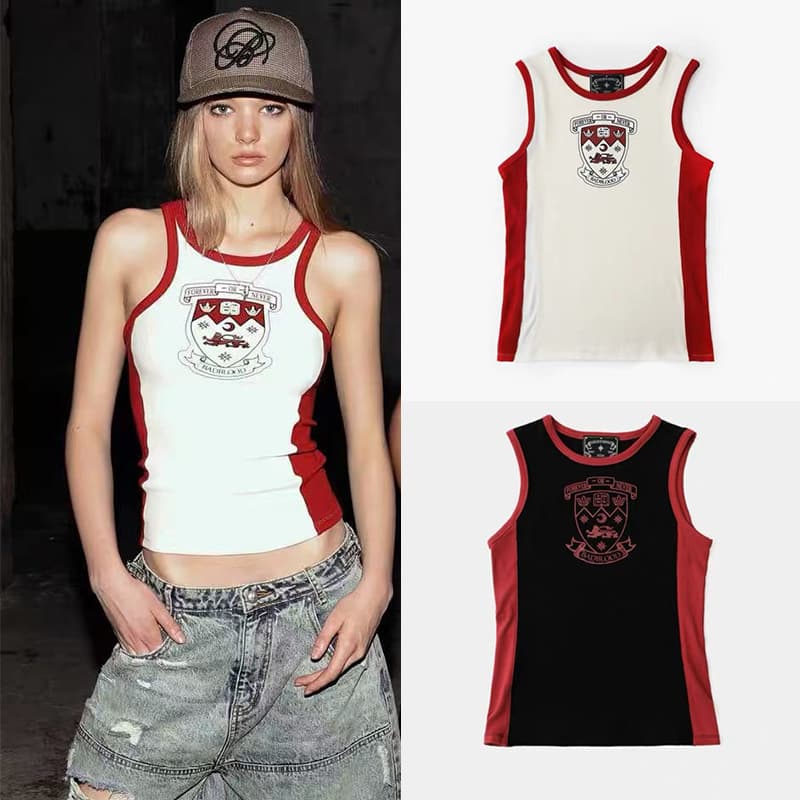 Badblood Korean American Retro Contrast Vest with Hot Girl Print, Slim Fit Cropped Versatile Outerwear Sports Top