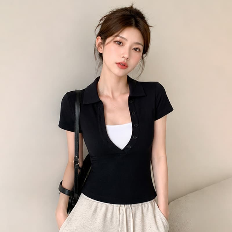 Faux Two-Piece Contrast Deep V-Neck Short Sleeve T-Shirt for Women, Summer Slim Fit, Stretchy, Versatile, Black, Regular Collar Polo Top
