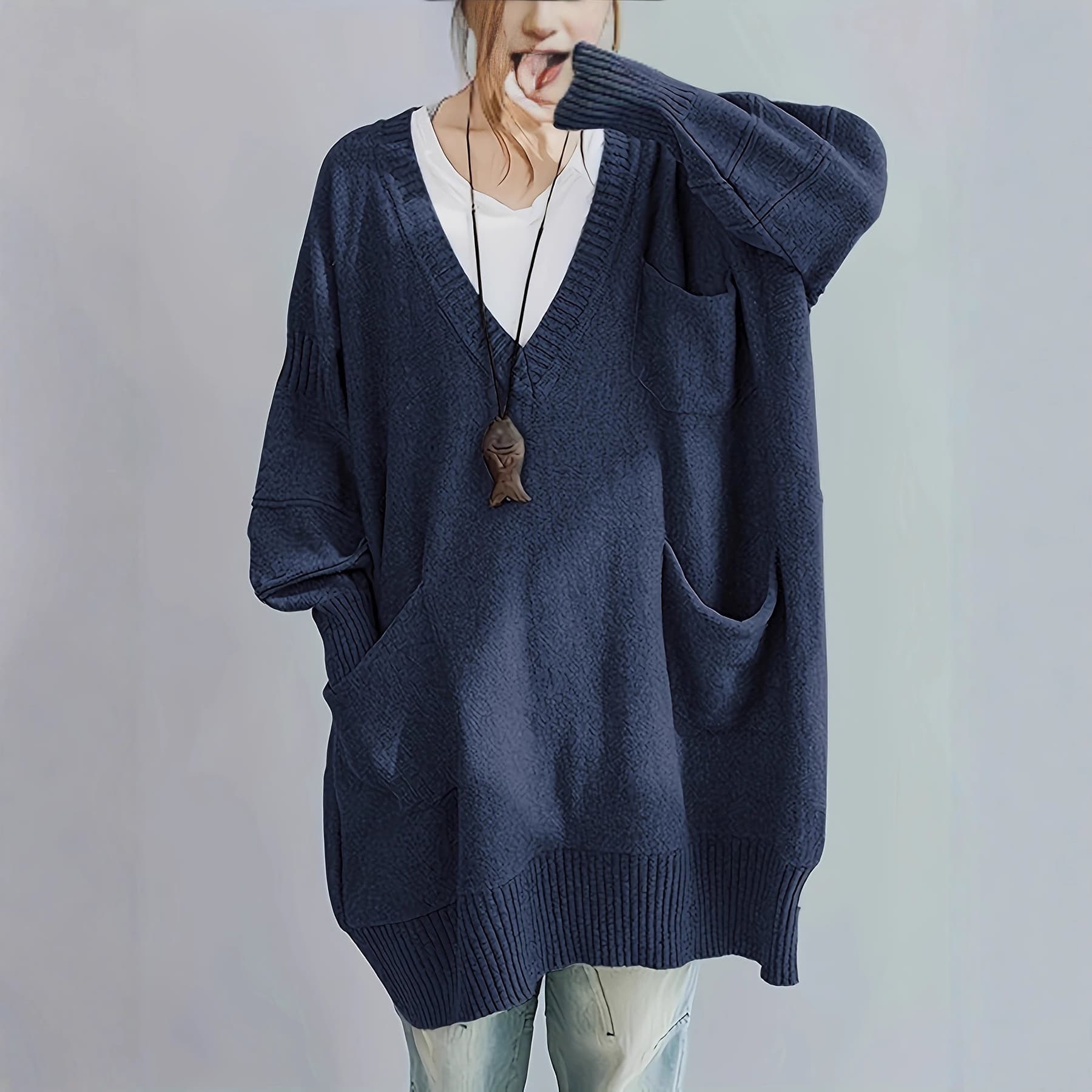Amazon cross-border bestseller: Relaxed, loose-fitting V-neck pullover mid-length sweater dress, long-sleeved outerwear knitwear
