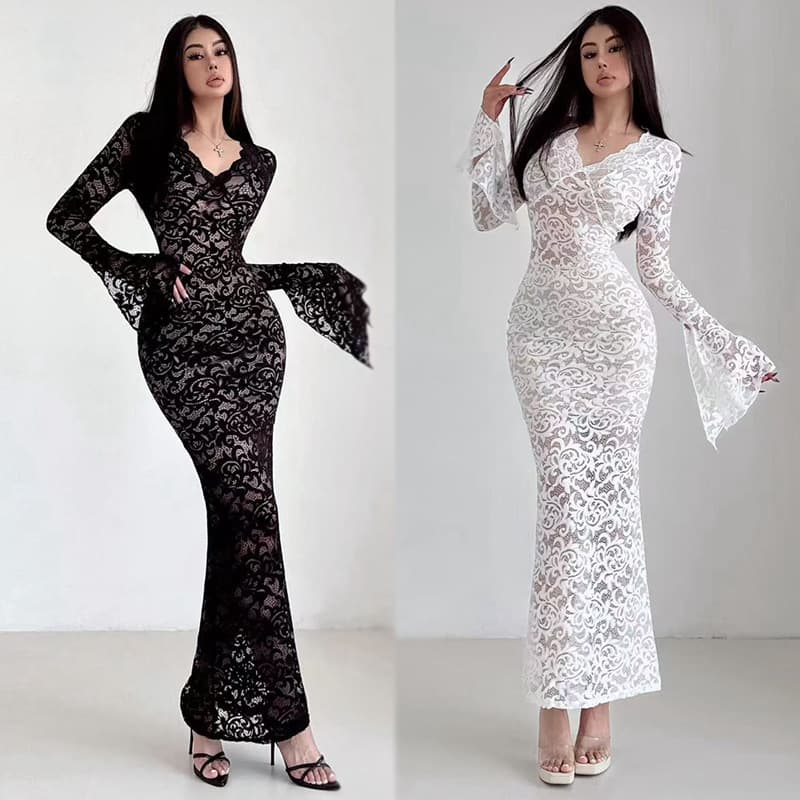 French Pure Desire Style Mature Elegant Lace Flared Sleeve Dress Slim Fit Bodycon Long Skirt New Arrival