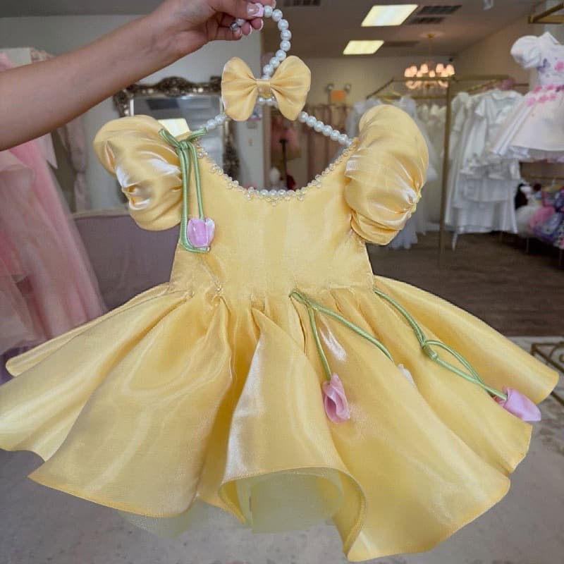 Girls' Sweet Style Yellow Puff Sleeve Dress, Birthday Princess Dress, Tutu Dress, French-style One-year-old Ceremony Dress Summer