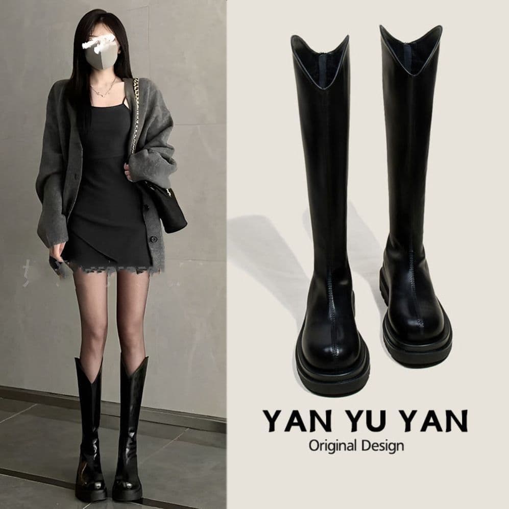 Women's Riding Boots 2024 New Stretch Slim Boots Thick Sole High Boots Short Petite Not Over Knee Boots