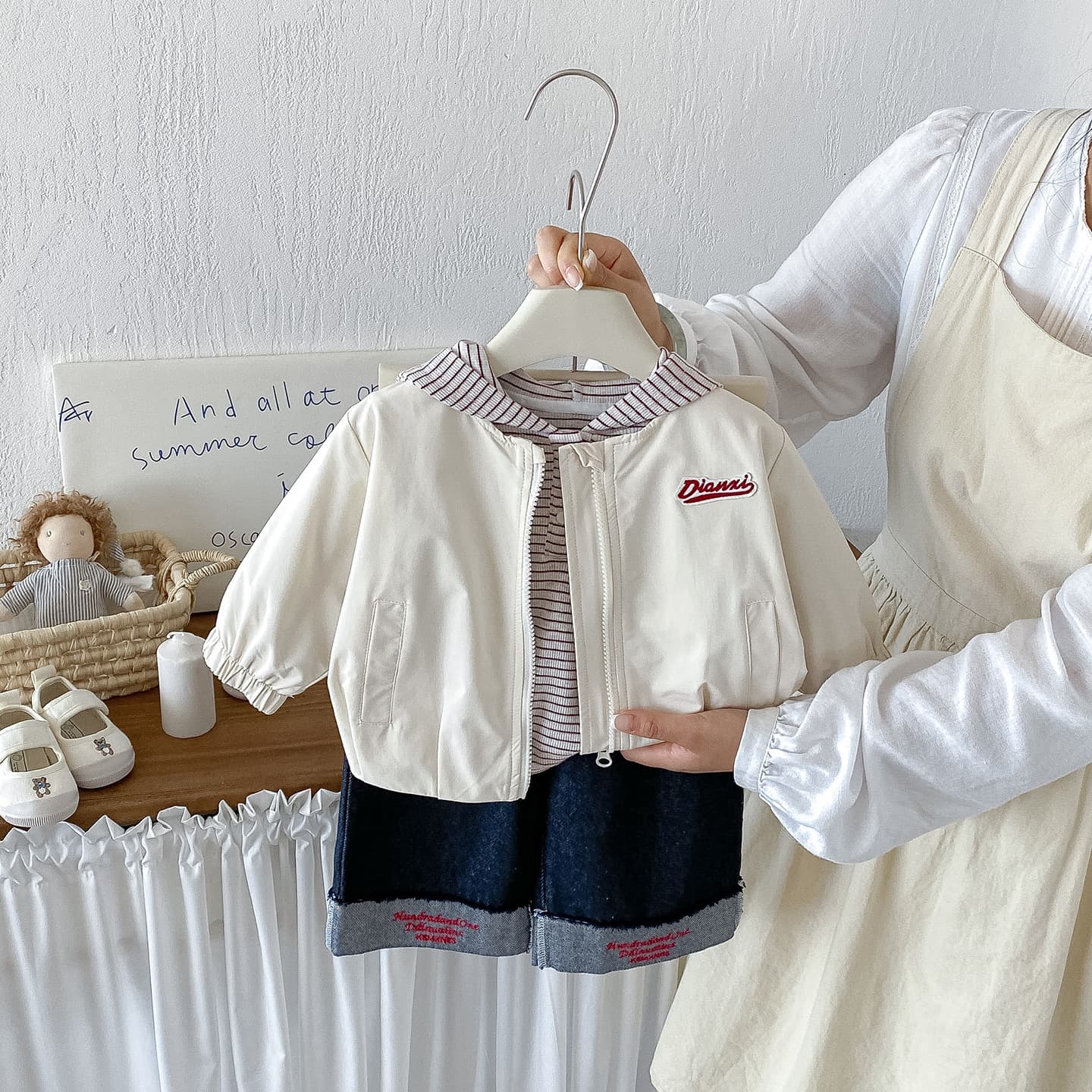 Dianxi Infant Korean Letter Jacket Boy Baby Autumn Striped Hooded Top Embroidered Jeans Three-piece Set