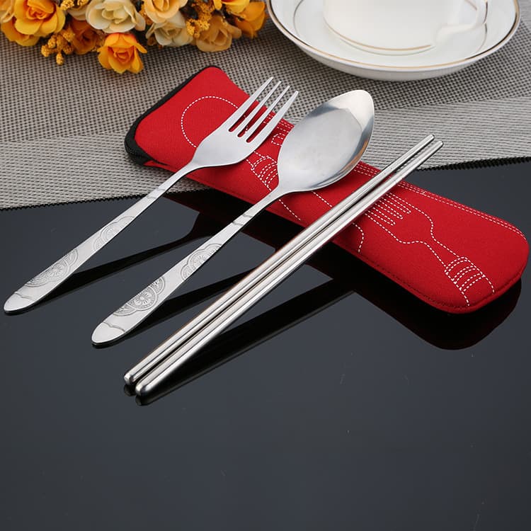 Stainless Steel Spoon Fork Chopsticks 3-Piece Portable Cutlery Set with Cloth Bag, Outdoor Student Dining Set, Corporate Gift