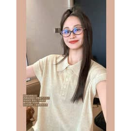 53.3% Tencel Linen Loose Polo Neck T-Shirt Short-Sleeve Sweater Breathable Linen Knit Top