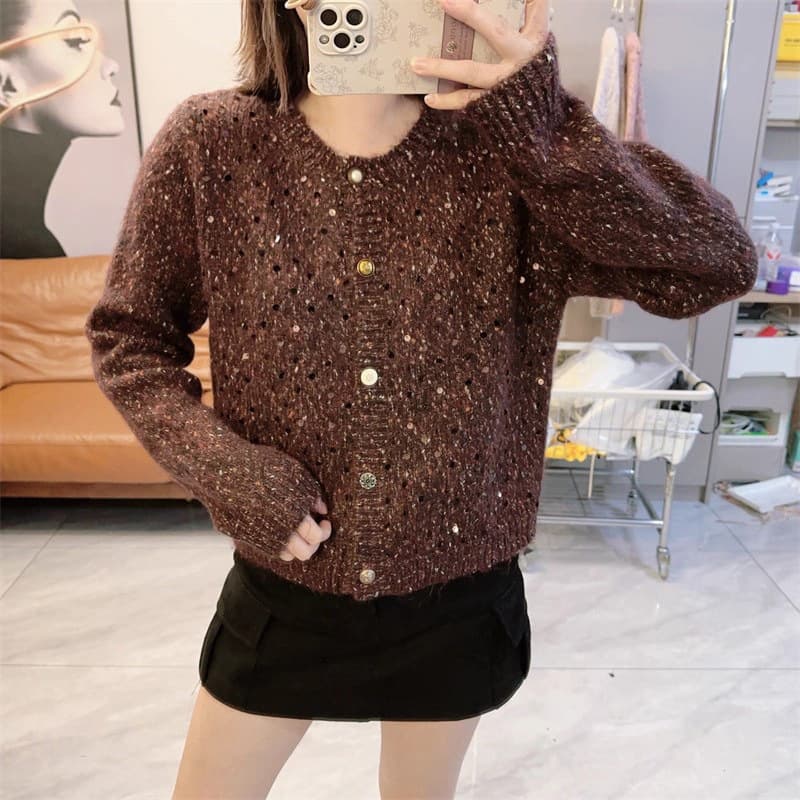 Autumn/winter new Korean style loose slim round neck sequin knit cardigan women's sweater single-breasted fashionable outerwear.