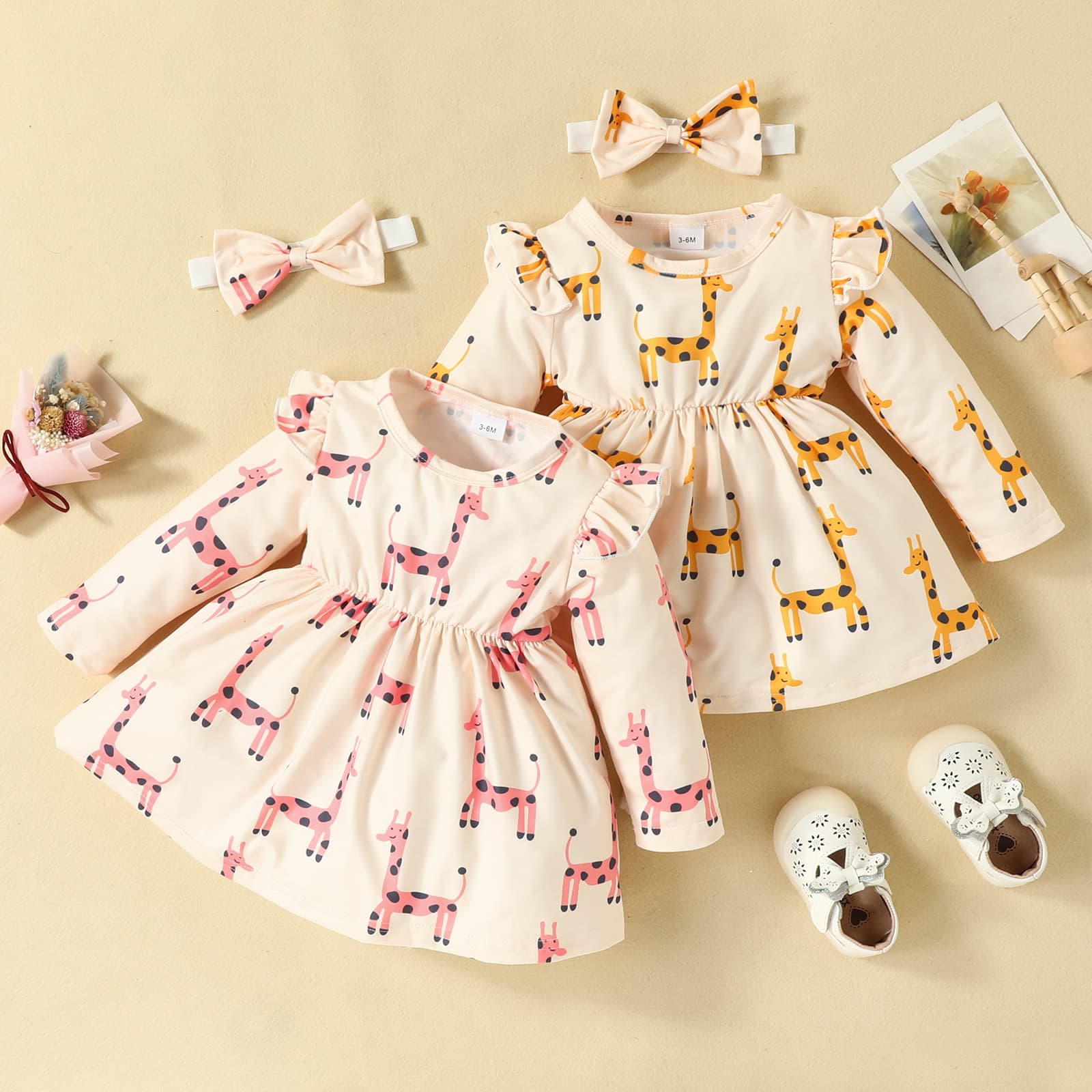 Cross-border foreign trade 0-2-year-old infants and young children giraffe print dress flying sleeves long-sleeved casual skirt bow scarf