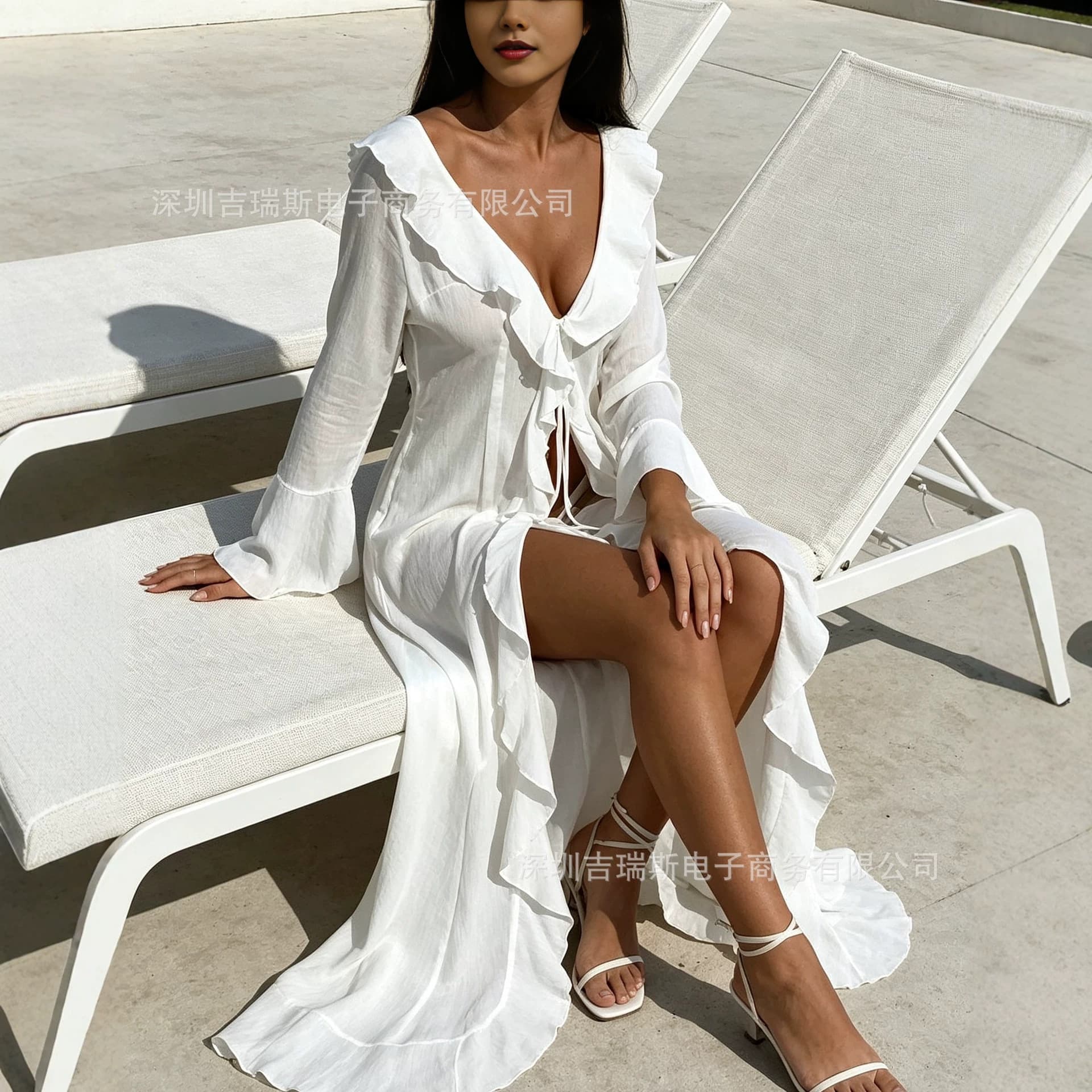 Cross-border European and American vacation seaside long-sleeved lace cardigan beach dress bikini sun protection cover-up dress wholesale