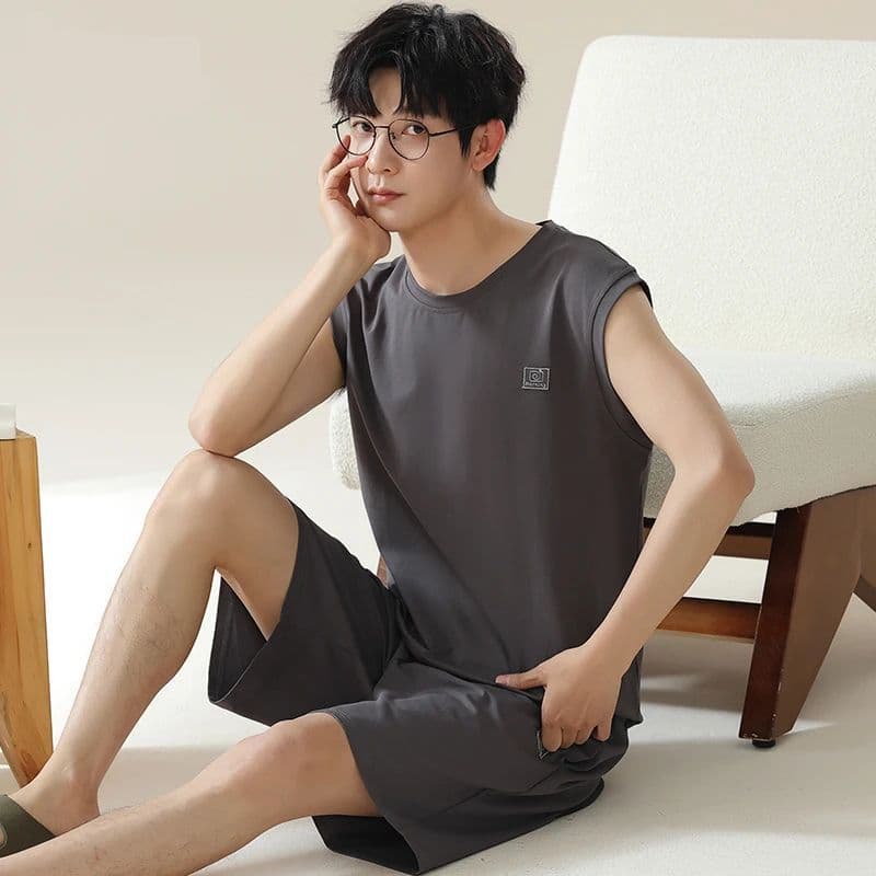 Summer Men's Vest Sleepwear Set, Round Neck Sleeveless Youth Vest and Shorts Two-Piece Homewear, Thin Style