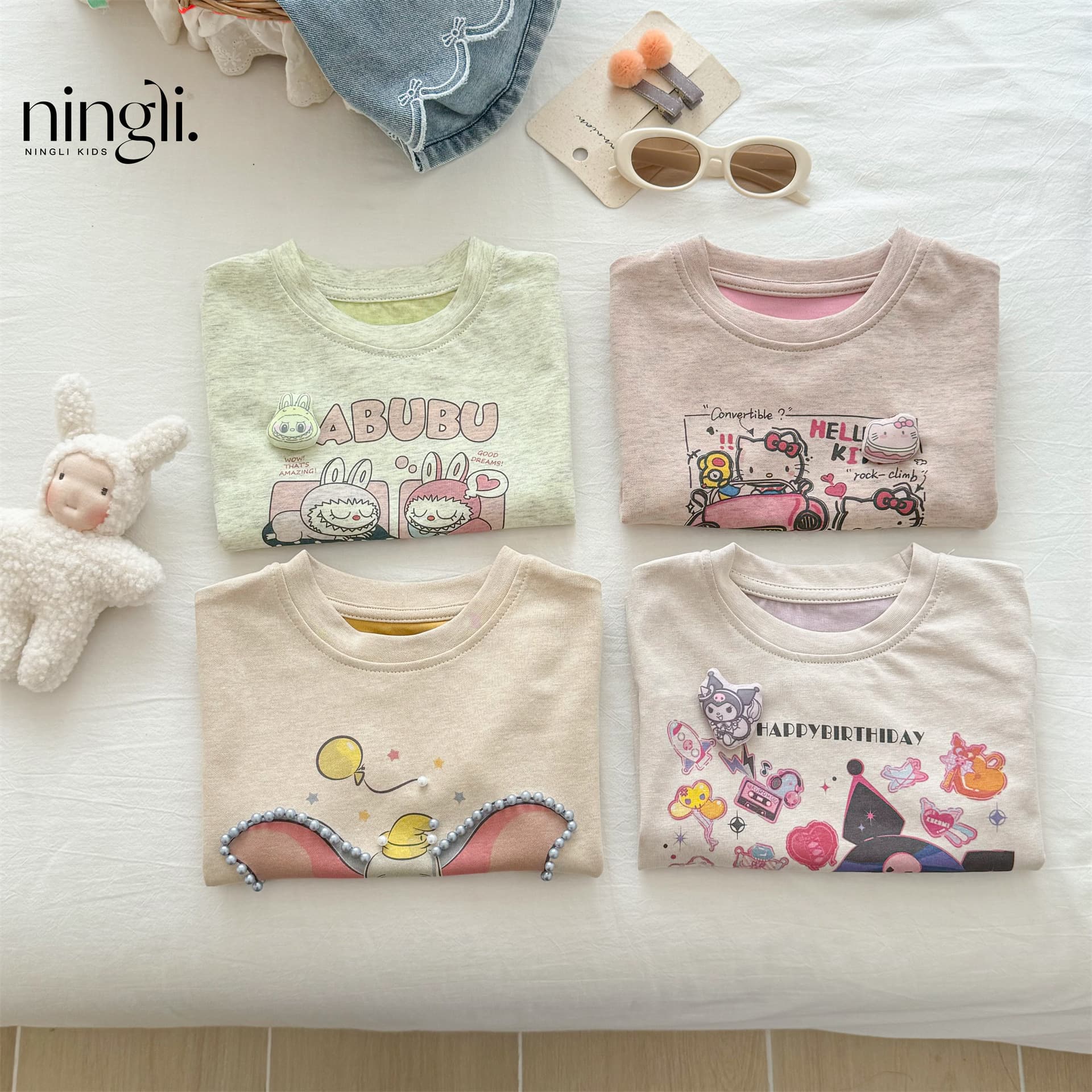 Ningli Girls Summer Fashionable Two-Color Short Sleeve T-Shirt, Soft and Fine Fabric, Korean Style Top for Kids and Babies