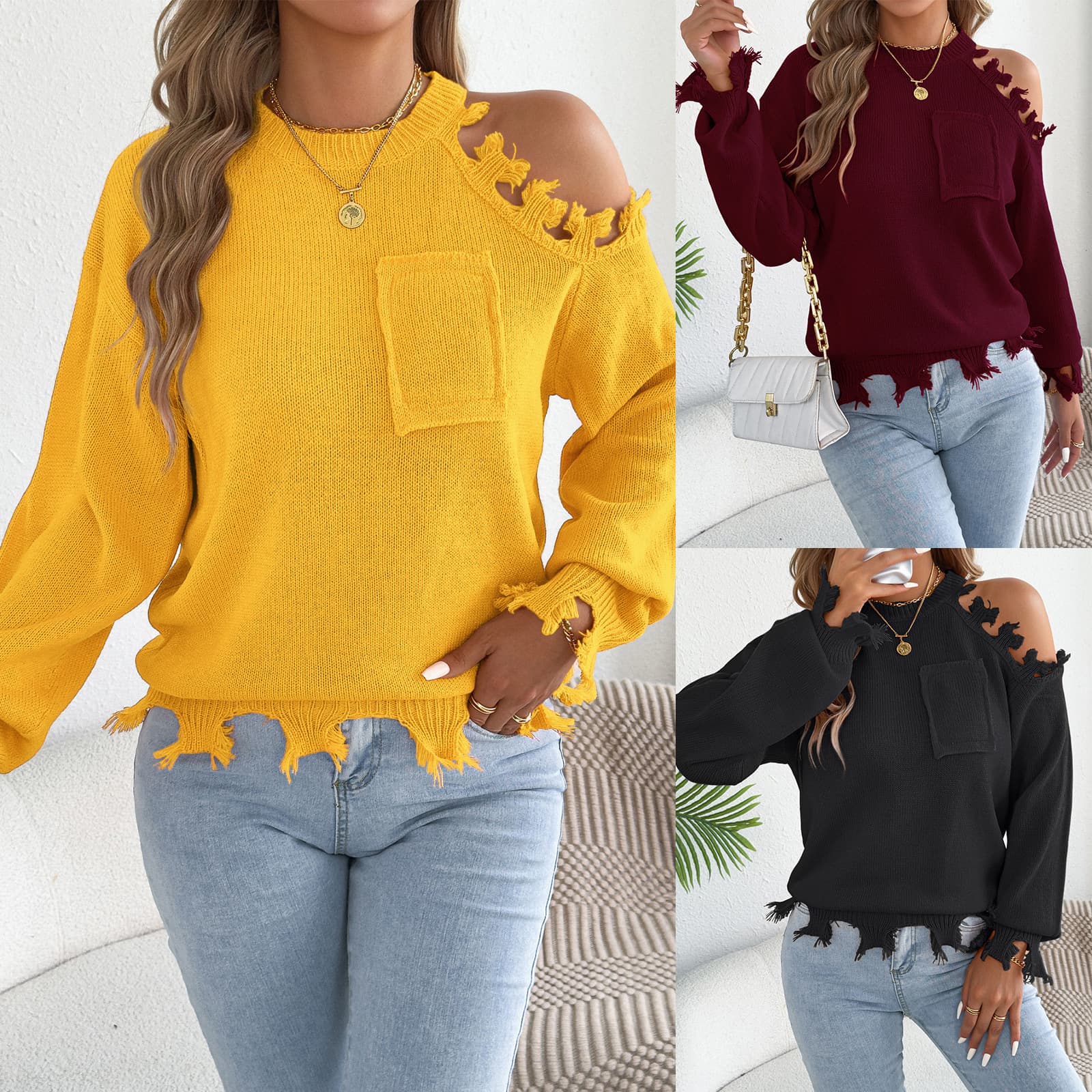Actual Photo 2026 Fall/Winter European and American Casual Off-Shoulder Cutout Long-Sleeve Pullover Sweater, Independent Site Cross-Border Women's Clothing