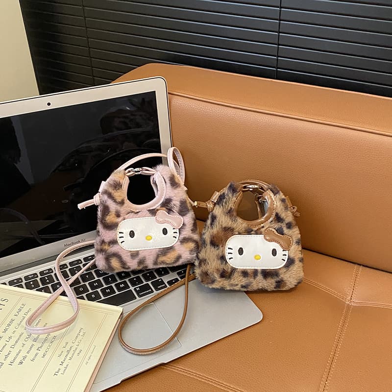 Kids Bag Autumn Winter New Cartoon Cute Cat Leopard Print Mini Half-Moon Bag Girls Family Lipstick Bag Crossbody Bag