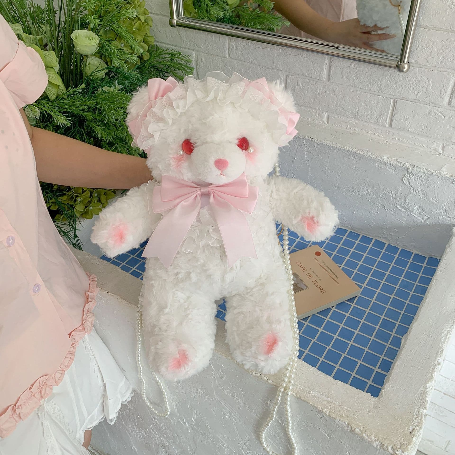 Lolita Pink Lace Bow Plush Bear Doll Bag Pearl Chain Crossbody Soft Girl Backpack