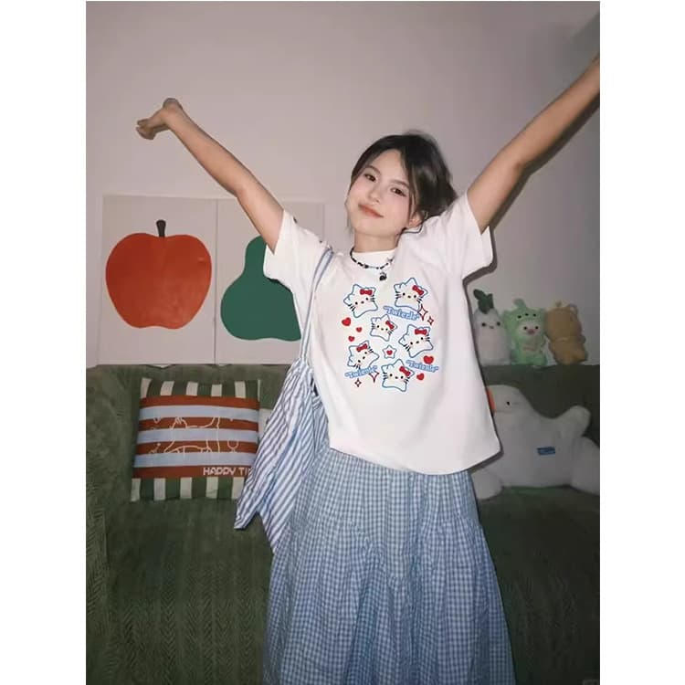 Pure Cotton Short-Sleeved T-Shirt for Women 2026 New Design Korean Style Outfit with Age-Reducing Kitty Cat Print Summer Top