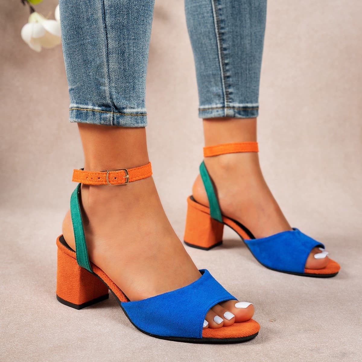 European and American foreign trade large size color-blocked one-word buckle high-heeled sandals for women 2025 new square toe thick heel fish mouth thick heel sandals