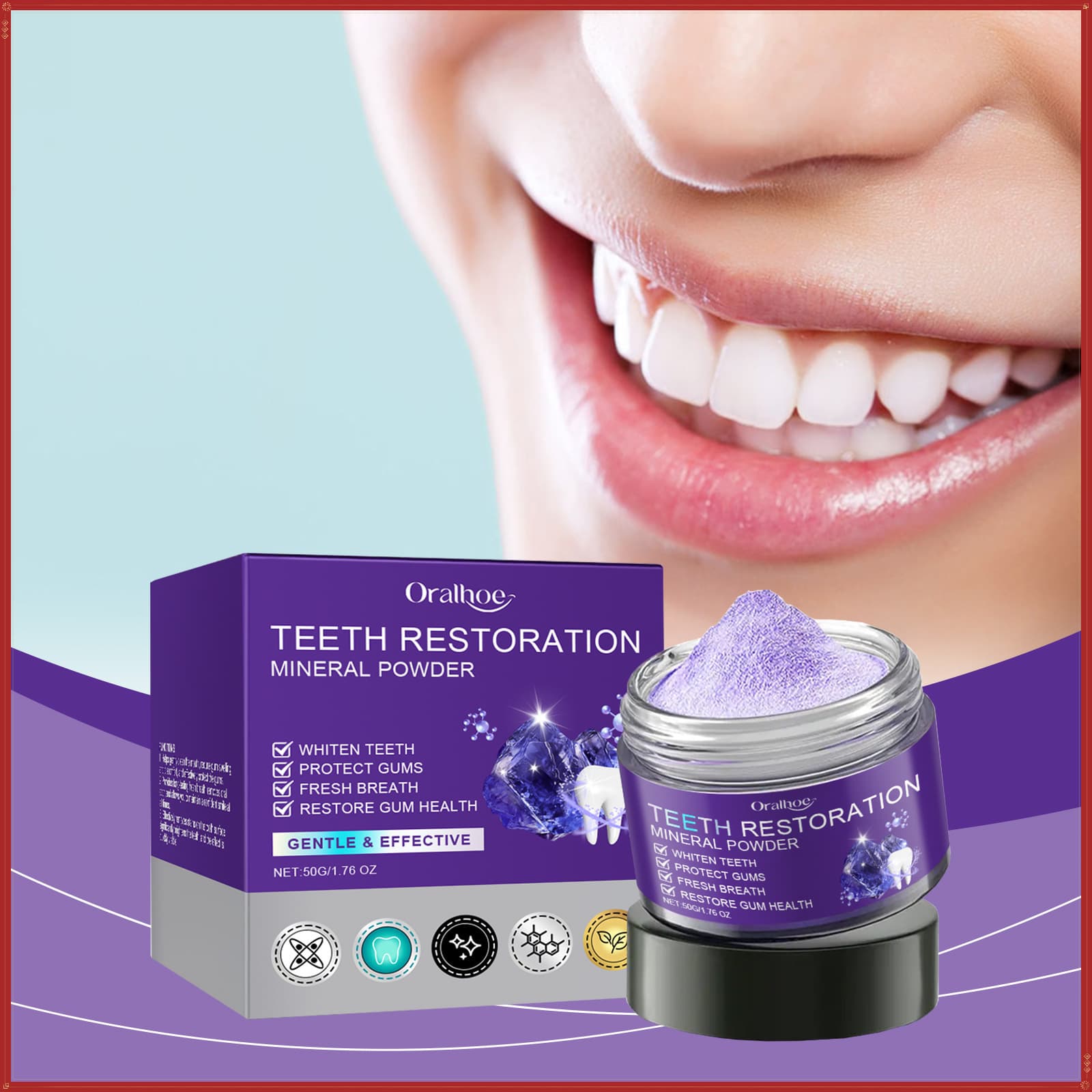 ORALHOE Purple Teeth Whitening Powder, Gentle Cleansing, Protects Teeth, Freshens Breath, Cross-border Wholesale