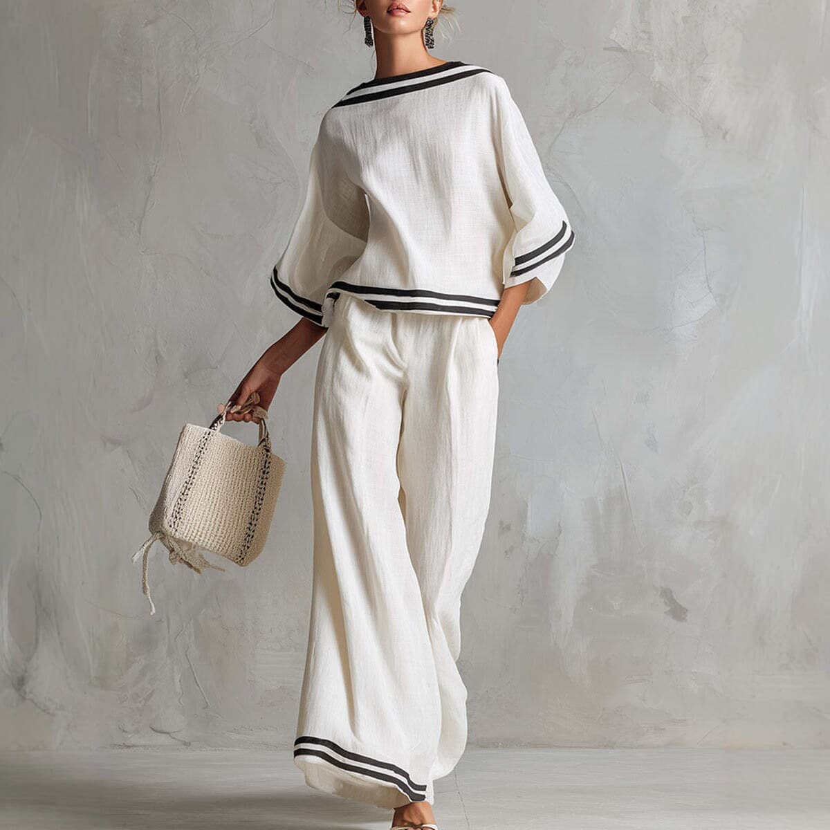 European and American style spring and autumn casual suits for women, loose striped two-piece vacation style tops, wide-leg pants, fashion suits