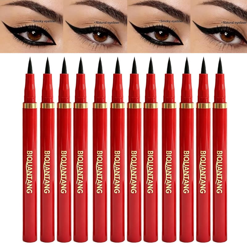 Red Handle Liquid Eyeliner Waterproof Long-Lasting Intense Black Eyeliner Nylon Thick Brush Tip for Beginners